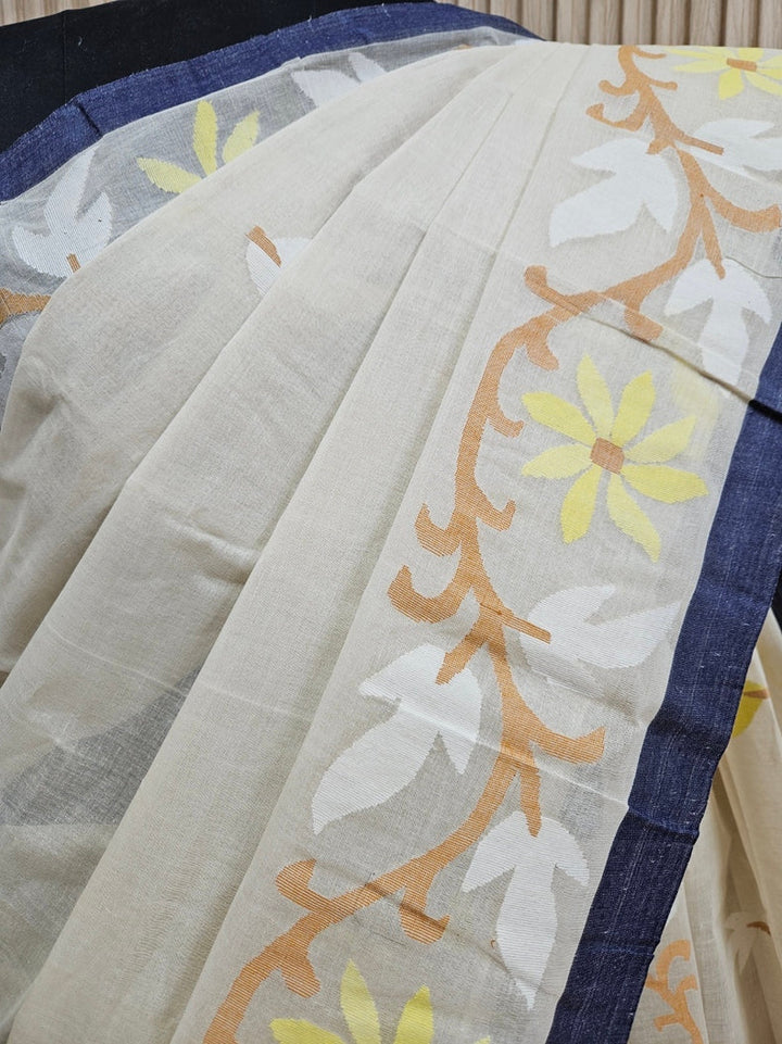 Crean & Blue Handwoven Tarditional Cotton Jamdani Saree Balaram Saha