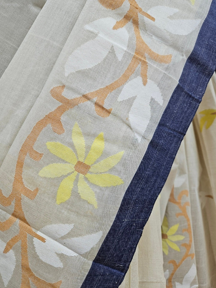 Crean & Blue Handwoven Tarditional Cotton Jamdani Saree Balaram Saha