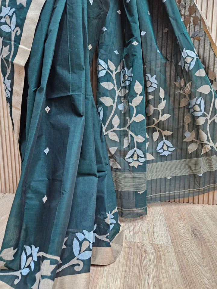 Bottle Green Handwoven Traditional Cotton Jamdani Saree Features a Beige and White Balaram Saha
