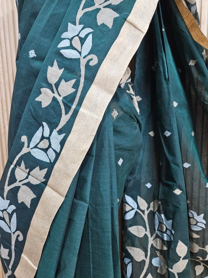 Bottle Green Handwoven Traditional Cotton Jamdani Saree Features a Beige and White Balaram Saha