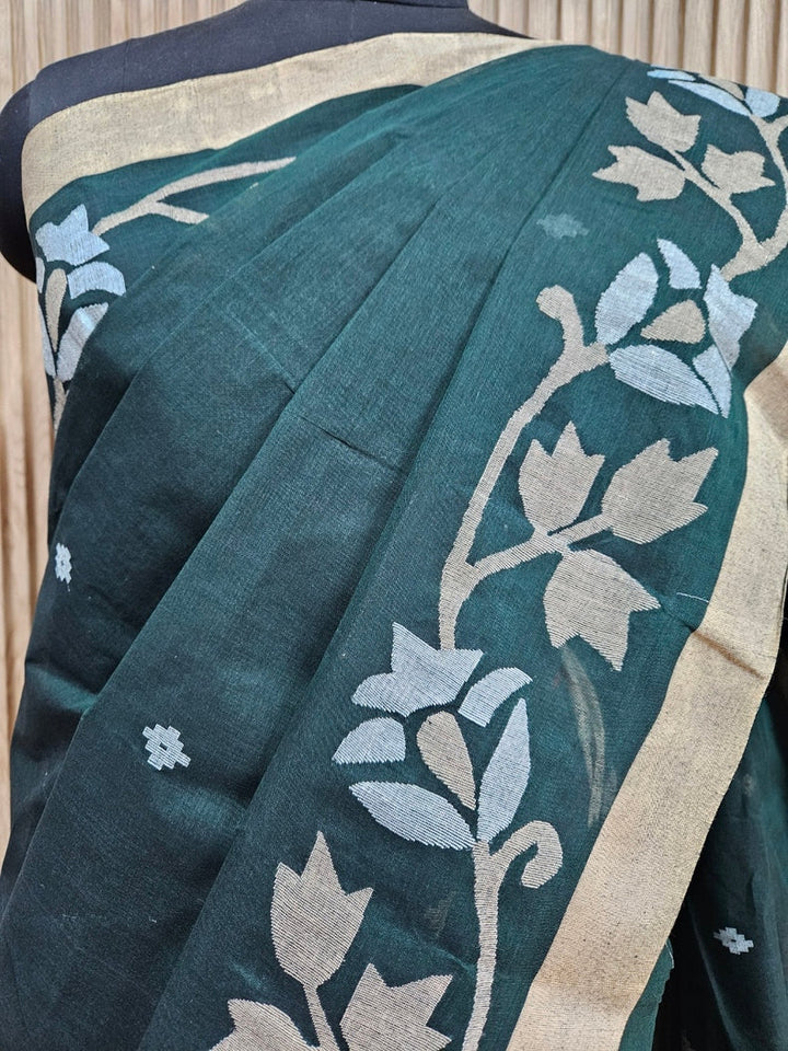 Bottle Green Handwoven Traditional Cotton Jamdani Saree Features a Beige and White Balaram Saha