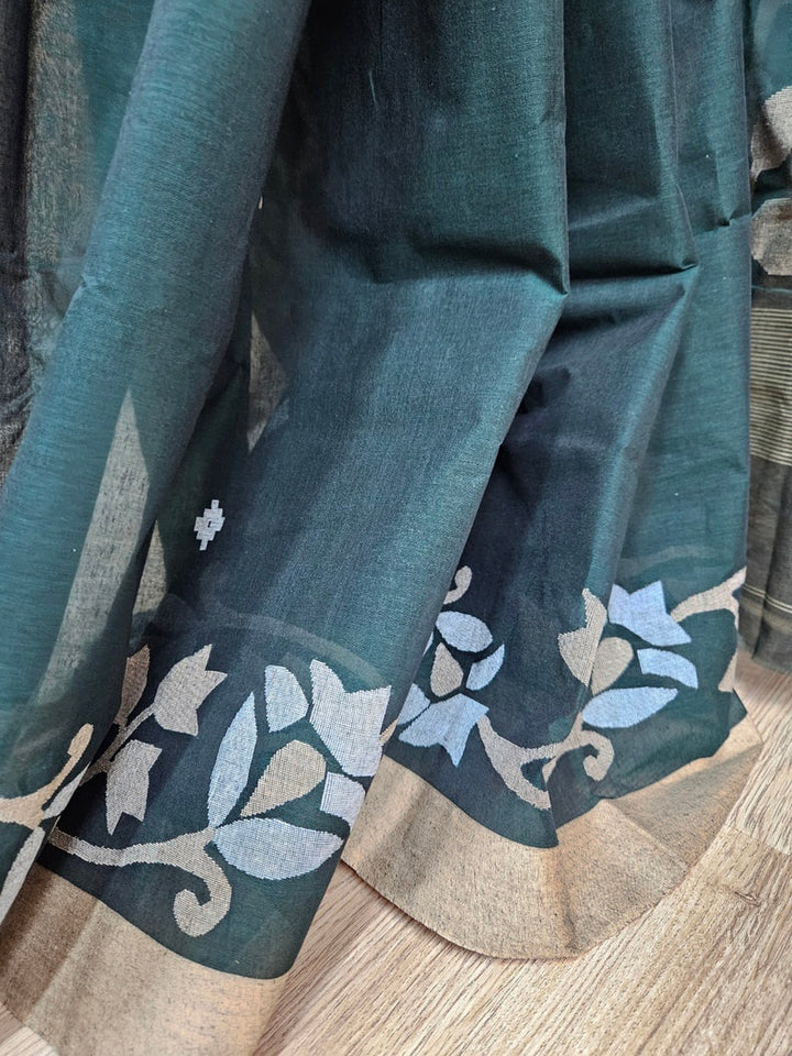 Bottle Green Handwoven Traditional Cotton Jamdani Saree Features a Beige and White Balaram Saha