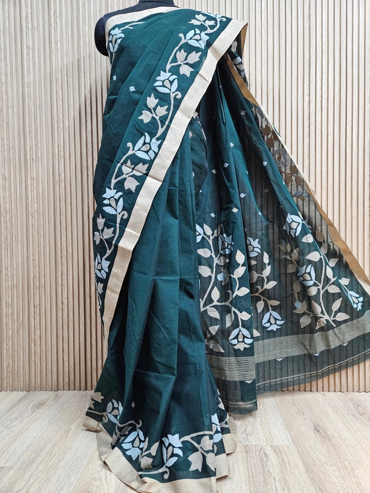 Bottle Green Handwoven Traditional Cotton Jamdani Saree Features a Beige and White Balaram Saha