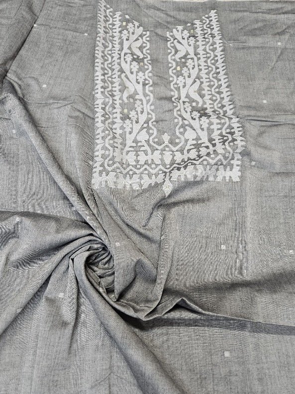 Grey & white Handwoven Cotton Jamdani Unisex Kurta Piece Balaram Saha