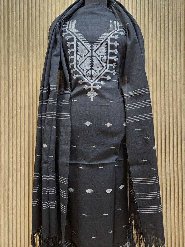 Black & White Handwoven Cotton Jamdani 3-piece Kurta Set Balaram Saha