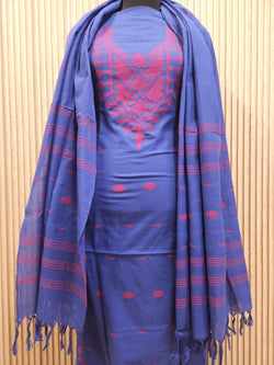 Blue & Red Handwoven Cotton Jamdani 3-piece Kurta Set Balaram Saha