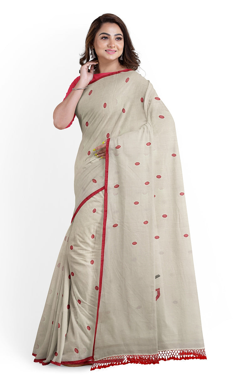 White & Red Soft Soft Cotton Woven Jamdani saree Balaram Saha