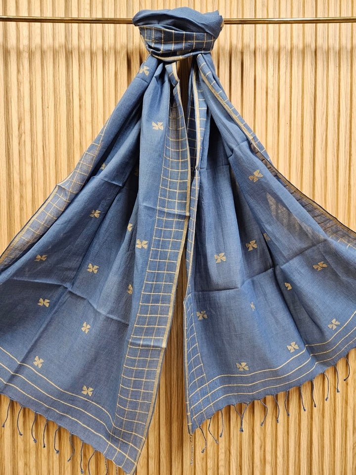Blue & Beige Handloom Handwoven Cotton Jamdani Stole Balaram Saha