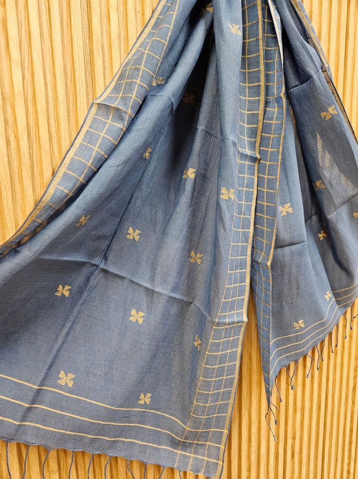 Blue & Beige Handloom Handwoven Cotton Jamdani Stole Balaram Saha