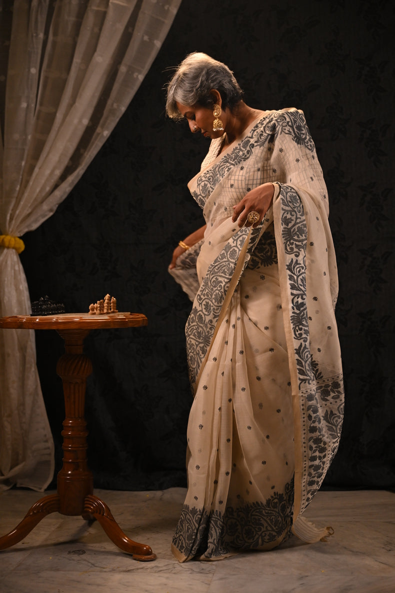 Off-White & Black Handwoven Muslin Silk Saree with Floral Paisley Jamdani Border Balaram Saha