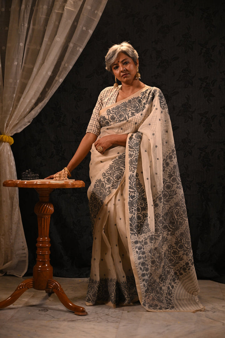 Off-White & Black Handwoven Muslin Silk Saree with Floral Paisley Jamdani Border Balaram Saha