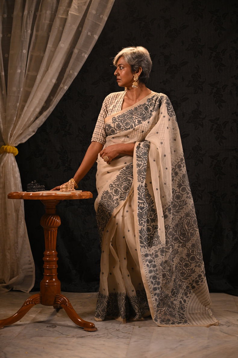 Off-White & Black Handwoven Muslin Silk Saree with Floral Paisley Jamdani Border Balaram Saha