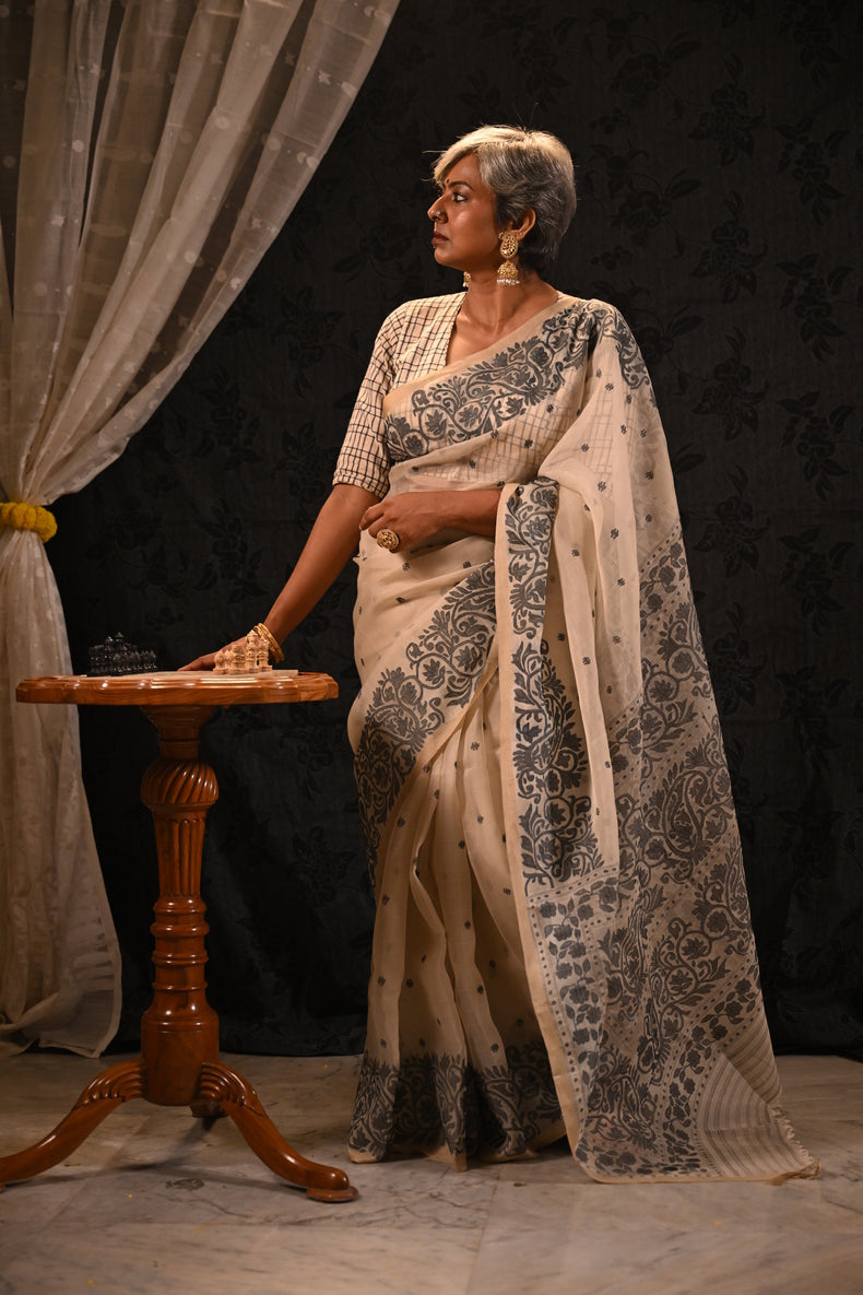 Off-White & Black Handwoven Muslin Silk Saree with Floral Paisley Jamdani Border Balaram Saha