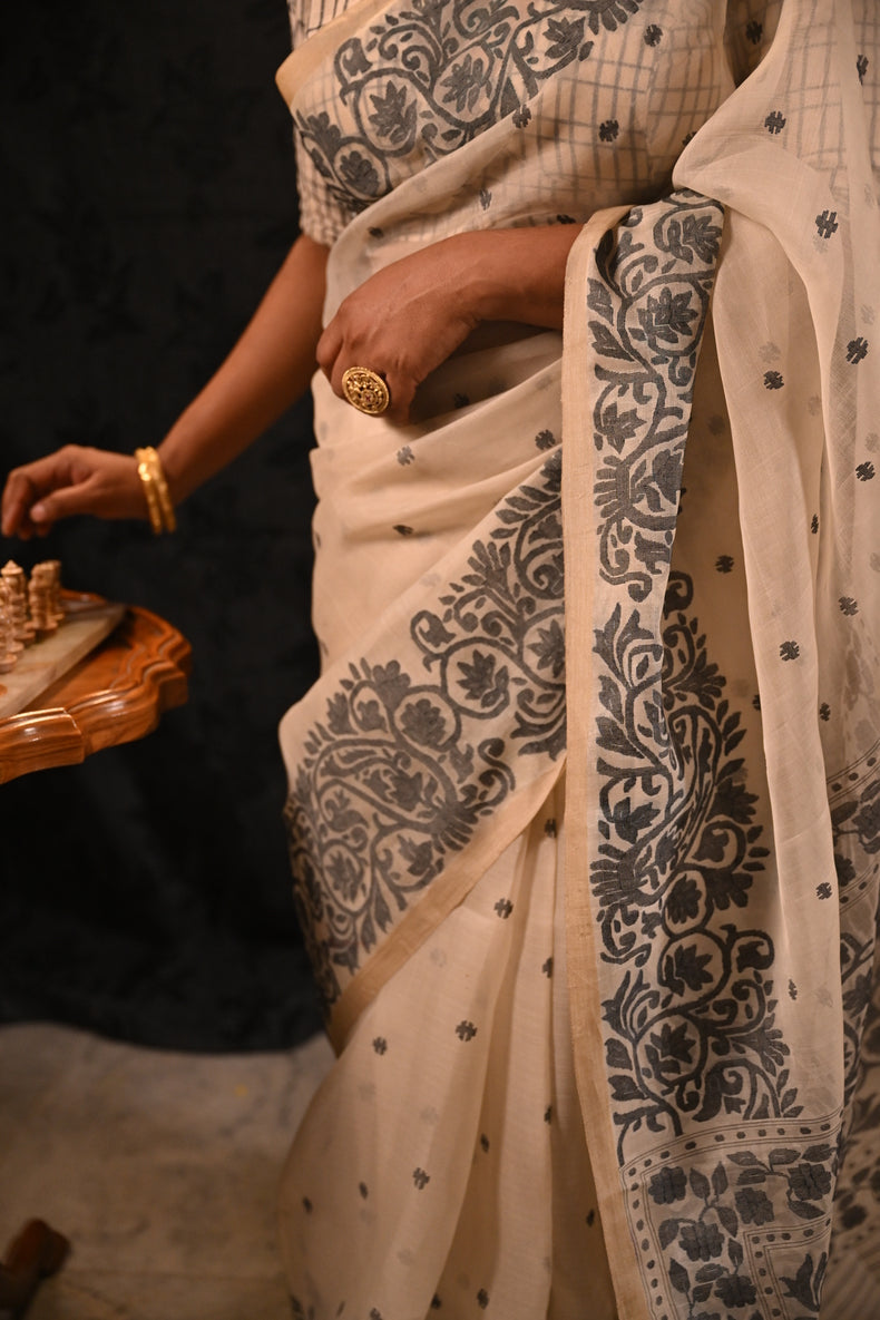 Off-White & Black Handwoven Muslin Silk Saree with Floral Paisley Jamdani Border Balaram Saha