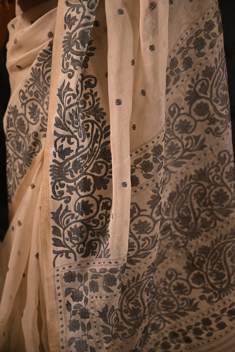 Off-White & Black Handwoven Muslin Silk Saree with Floral Paisley Jamdani Border Balaram Saha