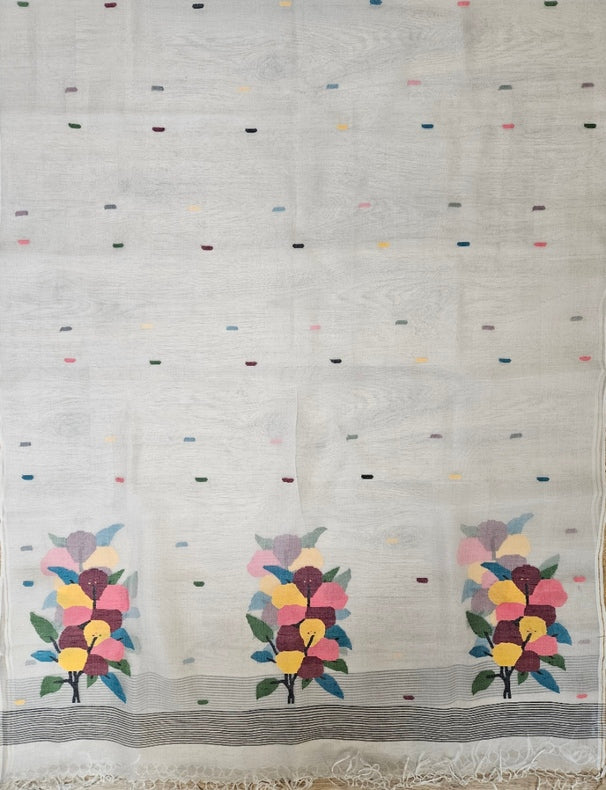 Off-White Muslin Silk Handwoven Jamdani Dupatta with Multicolor Floral Motifs Balaram Saha