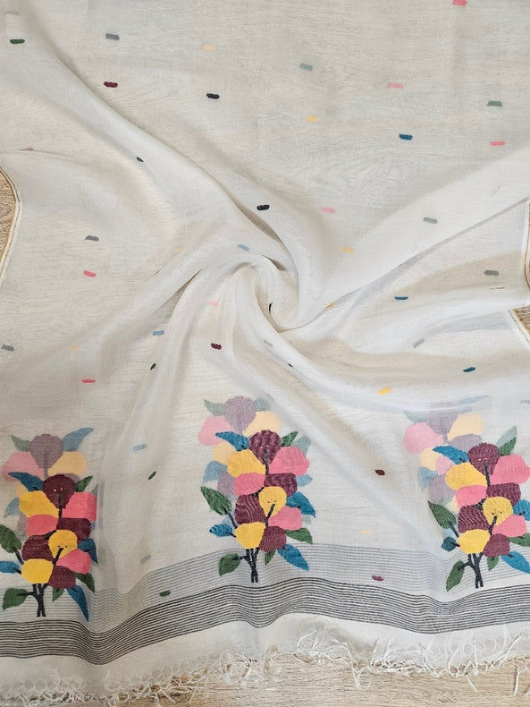 Off-White Muslin Silk Handwoven Jamdani Dupatta with Multicolor Floral Motifs Balaram Saha