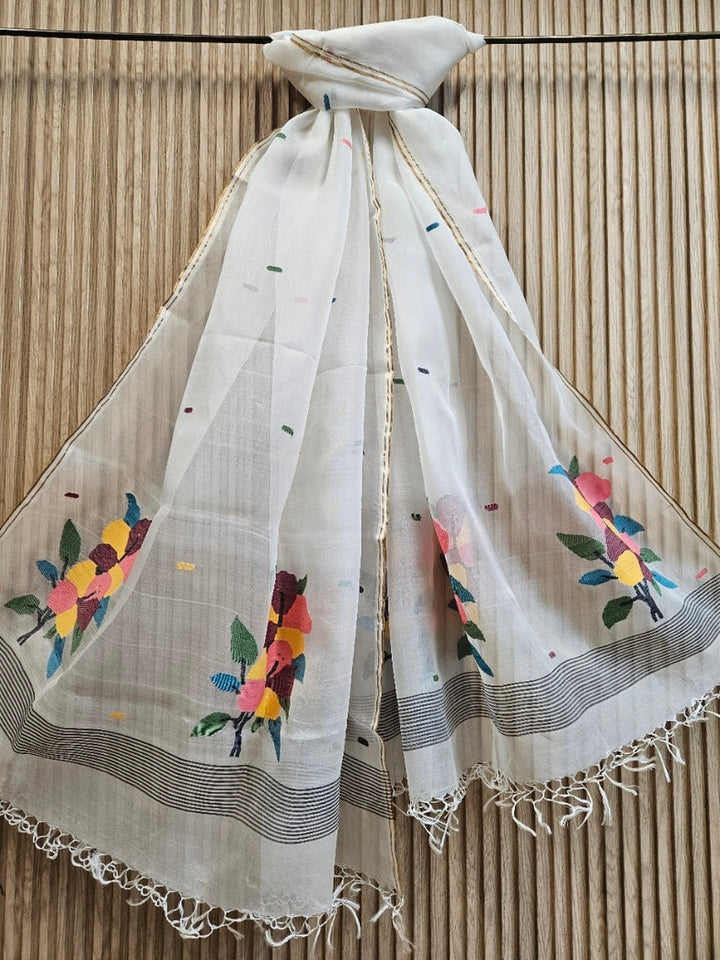 Off-White Muslin Silk Handwoven Jamdani Dupatta with Multicolor Floral Motifs Balaram Saha