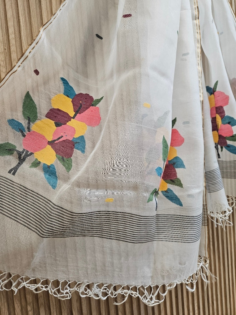 Off-White Muslin Silk Handwoven Jamdani Dupatta with Multicolor Floral Motifs Balaram Saha