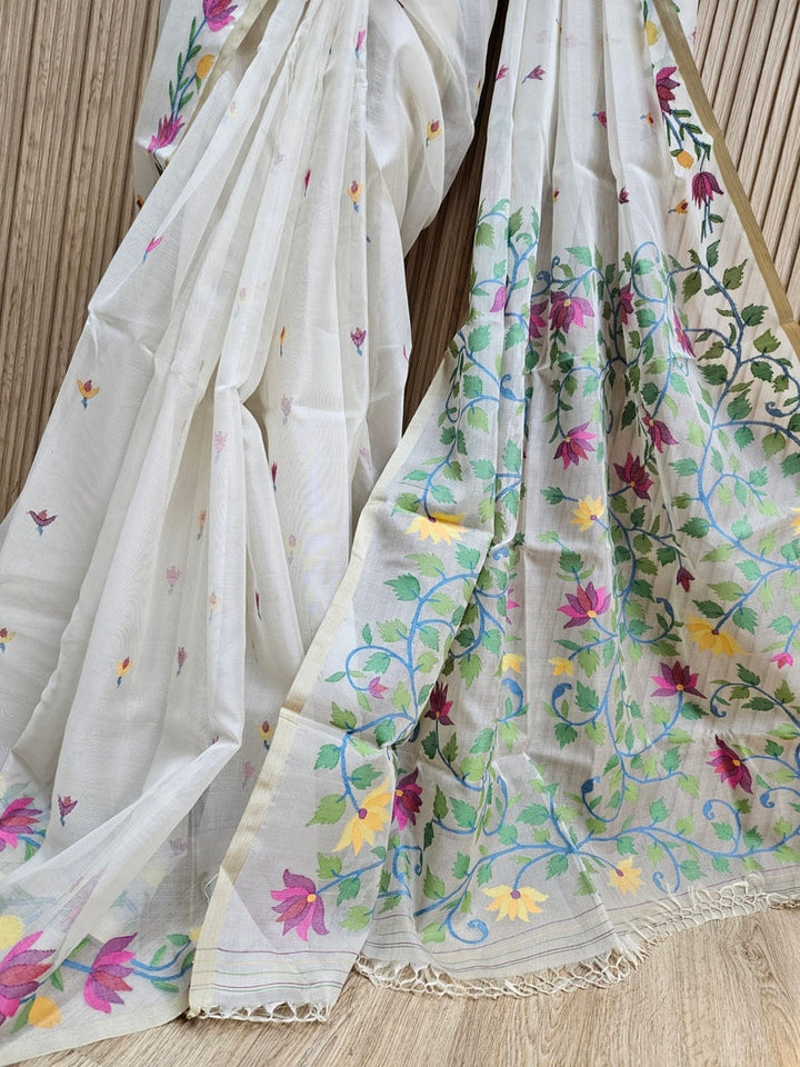 Off-White & Multicolor Handwoven Muslin Silk Jamdani Saree Balaram Saha