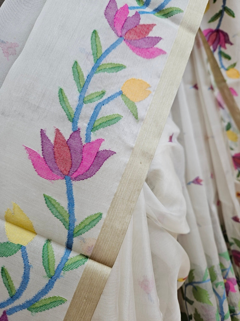 Off-White & Multicolor Handwoven Muslin Silk Jamdani Saree Balaram Saha