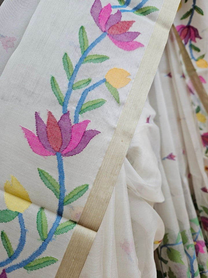 Off-White & Multicolor Handwoven Muslin Silk Jamdani Saree Balaram Saha