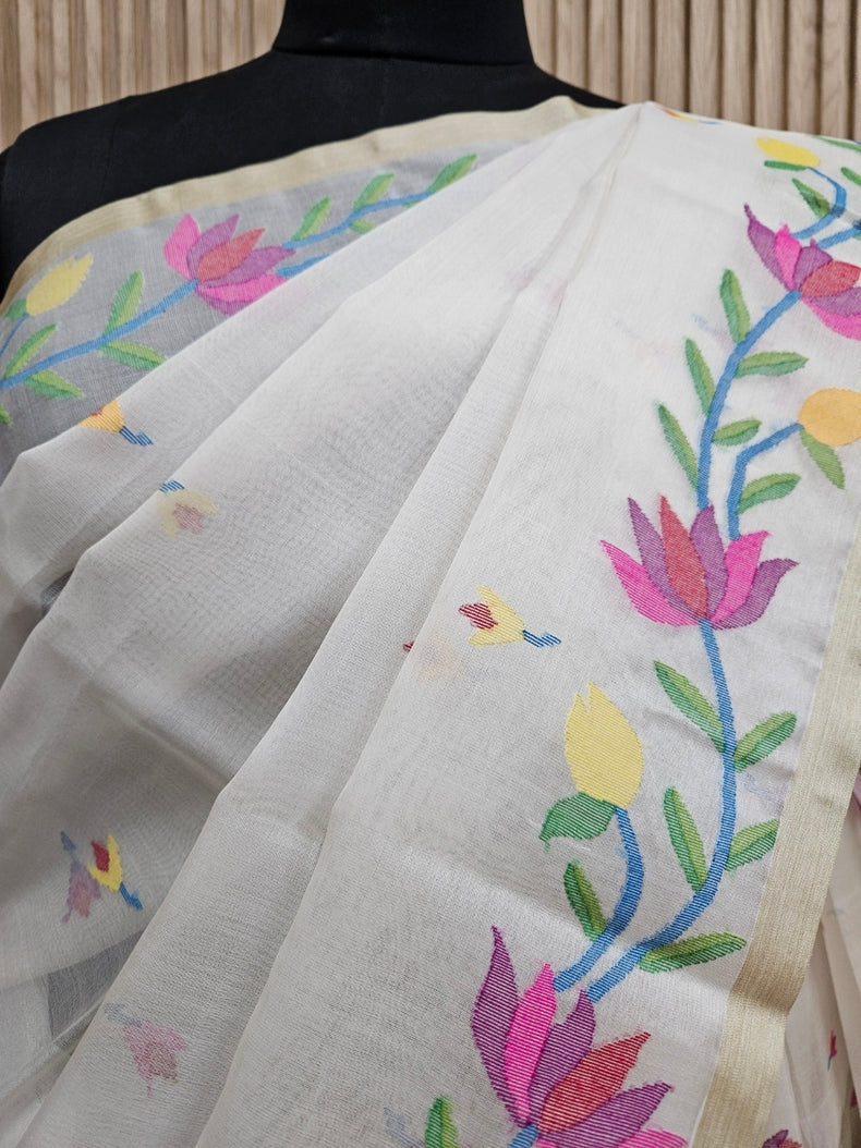 Off-White & Multicolor Handwoven Muslin Silk Jamdani Saree Balaram Saha