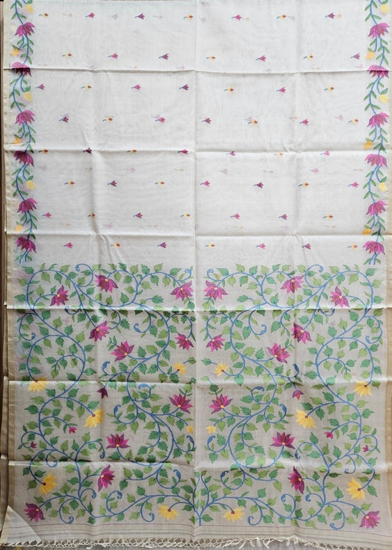 Off-White & Multicolor Handwoven Muslin Silk Jamdani Saree Balaram Saha