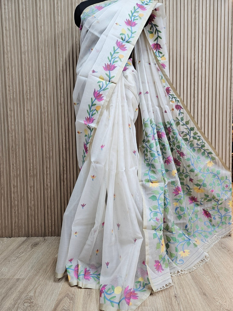 Off-White & Multicolor Handwoven Muslin Silk Jamdani Saree Balaram Saha