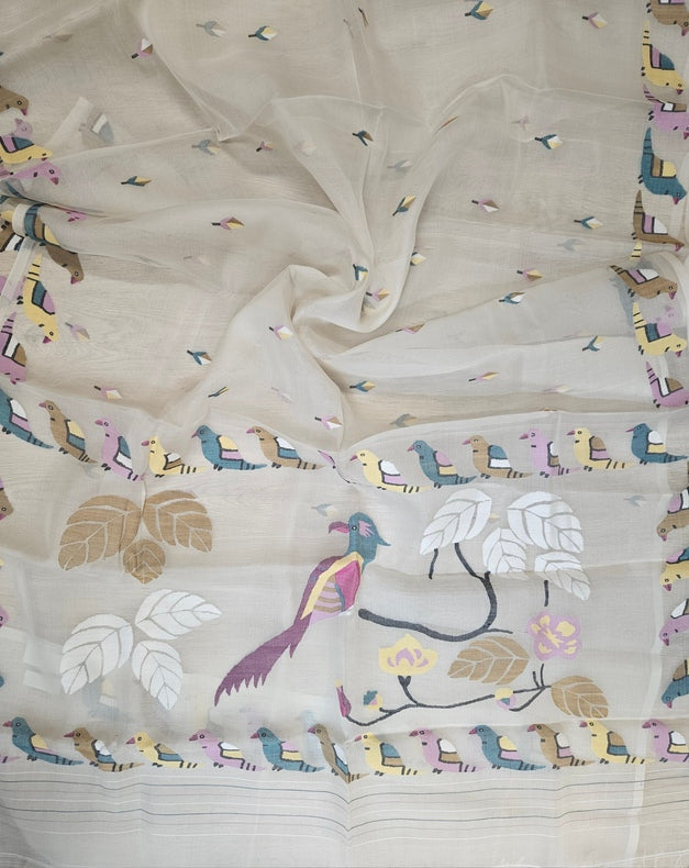 Off White Handwoven Muslin Silk Jamdani Saree with Colorful Bird Motifs Balaram Saha