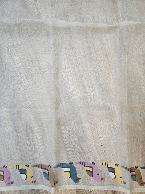 Off White Handwoven Muslin Silk Jamdani Saree with Colorful Bird Motifs Balaram Saha