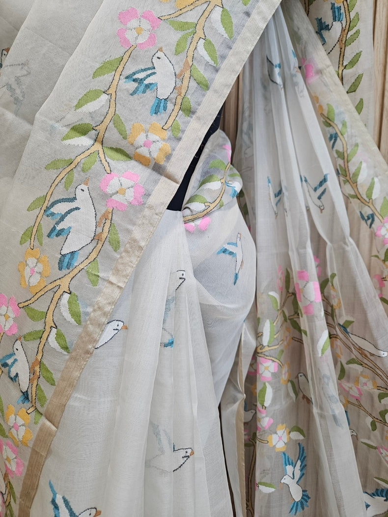 Off White Handwoven Muslin Silk Jamdani Saree with Floral & Bird Motifs Balaram Saha