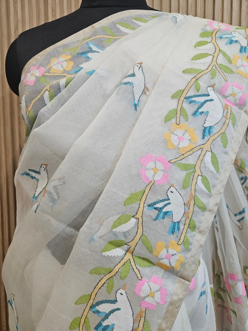 Off White Handwoven Muslin Silk Jamdani Saree with Floral & Bird Motifs Balaram Saha