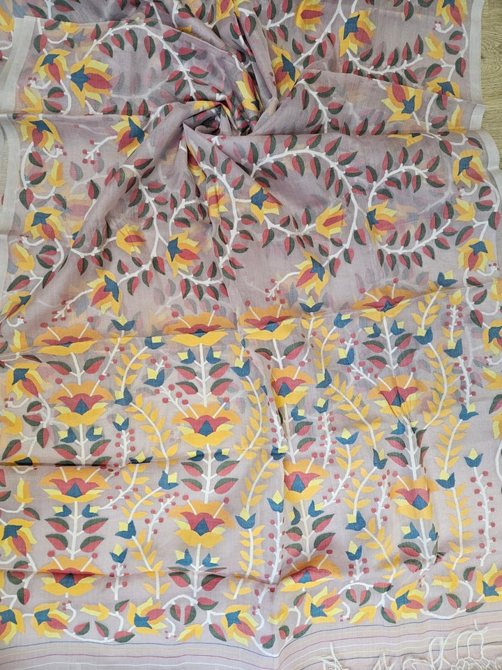 Light Pink Multicolor Floral Handwoven Muslin Silk Jamdani Saree Balaram Saha
