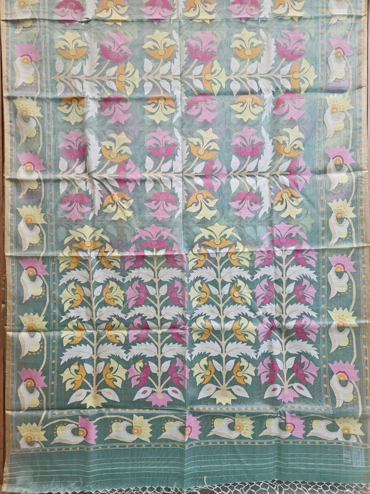 Sea Green Multicolor Floral Handwoven Muslin Silk Jamdani Saree Balaram Saha