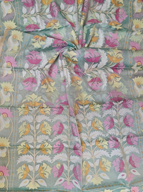 Sea Green Multicolor Floral Handwoven Muslin Silk Jamdani Saree Balaram Saha