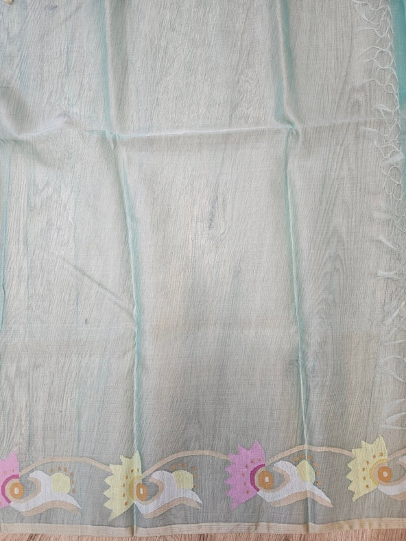 Sea Green Multicolor Floral Handwoven Muslin Silk Jamdani Saree Balaram Saha