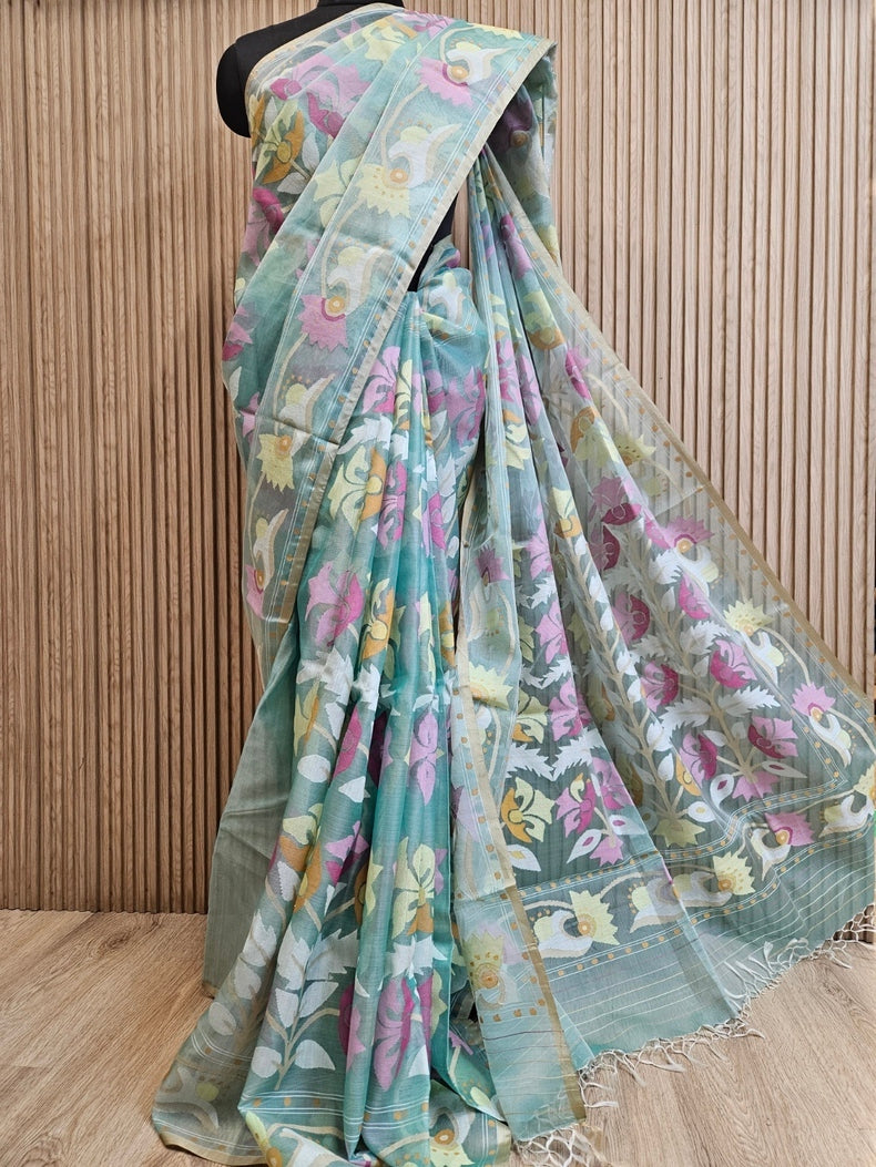 Sea Green Multicolor Floral Handwoven Muslin Silk Jamdani Saree Balaram Saha