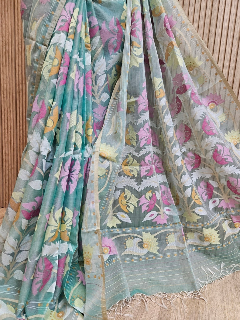 Sea Green Multicolor Floral Handwoven Muslin Silk Jamdani Saree Balaram Saha
