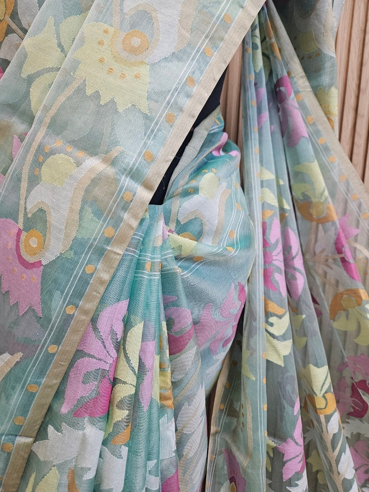 Sea Green Multicolor Floral Handwoven Muslin Silk Jamdani Saree Balaram Saha