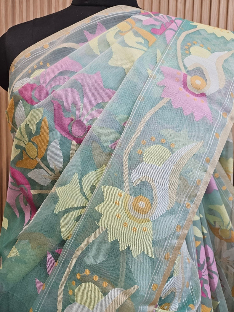 Sea Green Multicolor Floral Handwoven Muslin Silk Jamdani Saree Balaram Saha