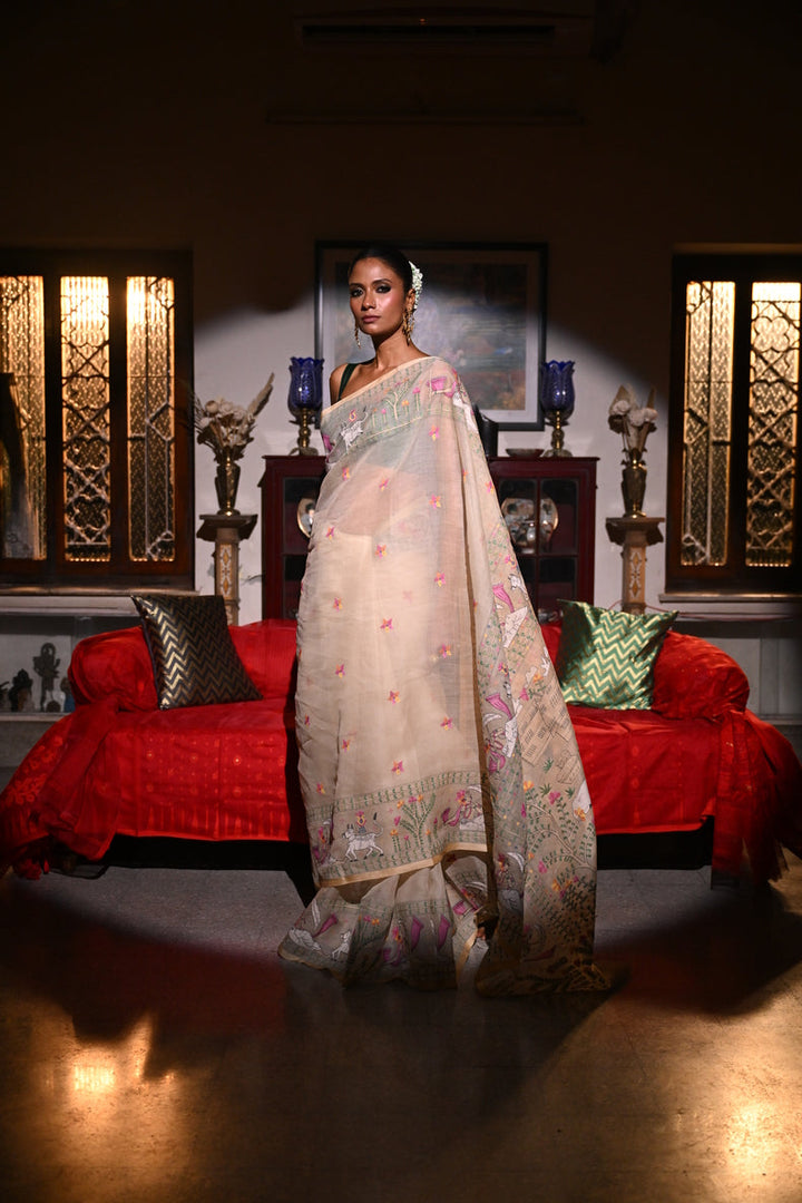 Off-White  Masterwoven Muslin Silk Saree with Bengal Village Storytelling Aanchal Balaram Saha