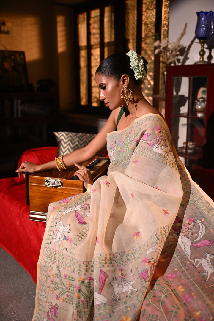 Off-White  Masterwoven Muslin Silk Saree with Bengal Village Storytelling Aanchal Balaram Saha