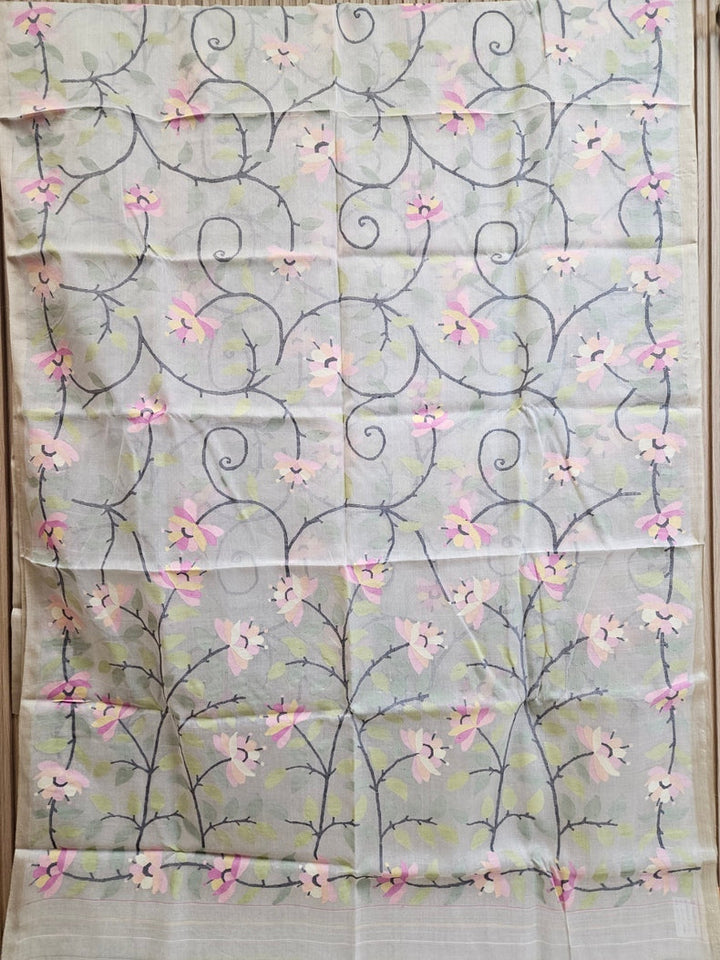 Off-White Floral Handwoven Muslin Silk Jamdani Saree Balaram Saha