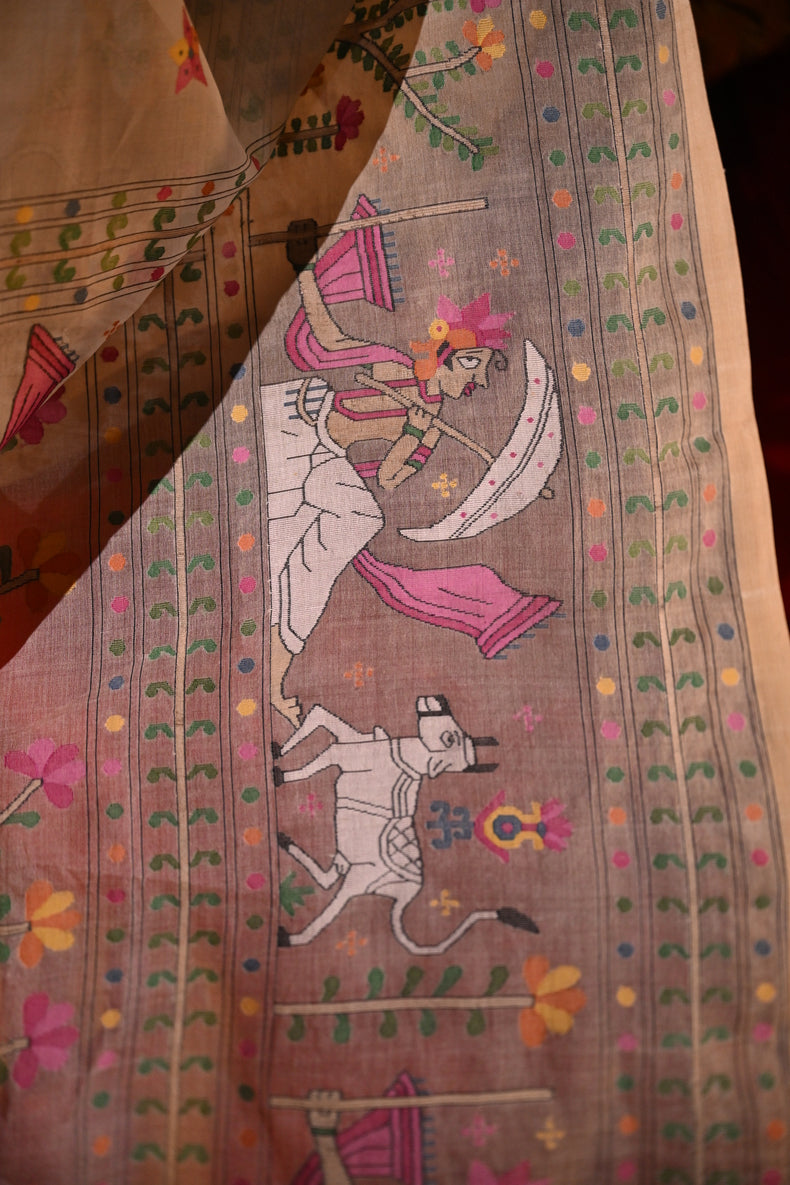 Off-White  Masterwoven Muslin Silk Saree with Bengal Village Storytelling Aanchal Balaram Saha