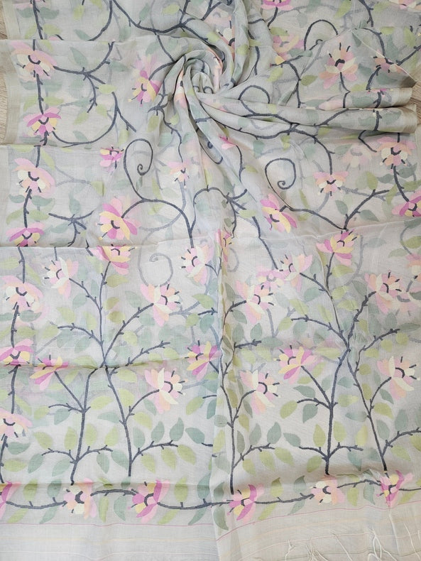 Off-White Floral Handwoven Muslin Silk Jamdani Saree Balaram Saha