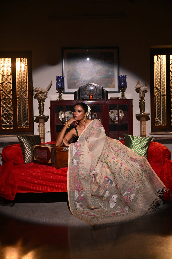 Off-White  Masterwoven Muslin Silk Saree with Bengal Village Storytelling Aanchal Balaram Saha