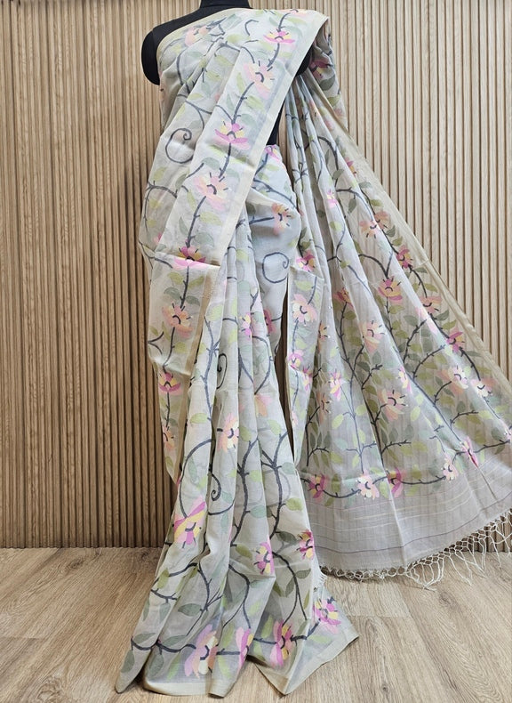Off-White Floral Handwoven Muslin Silk Jamdani Saree Balaram Saha