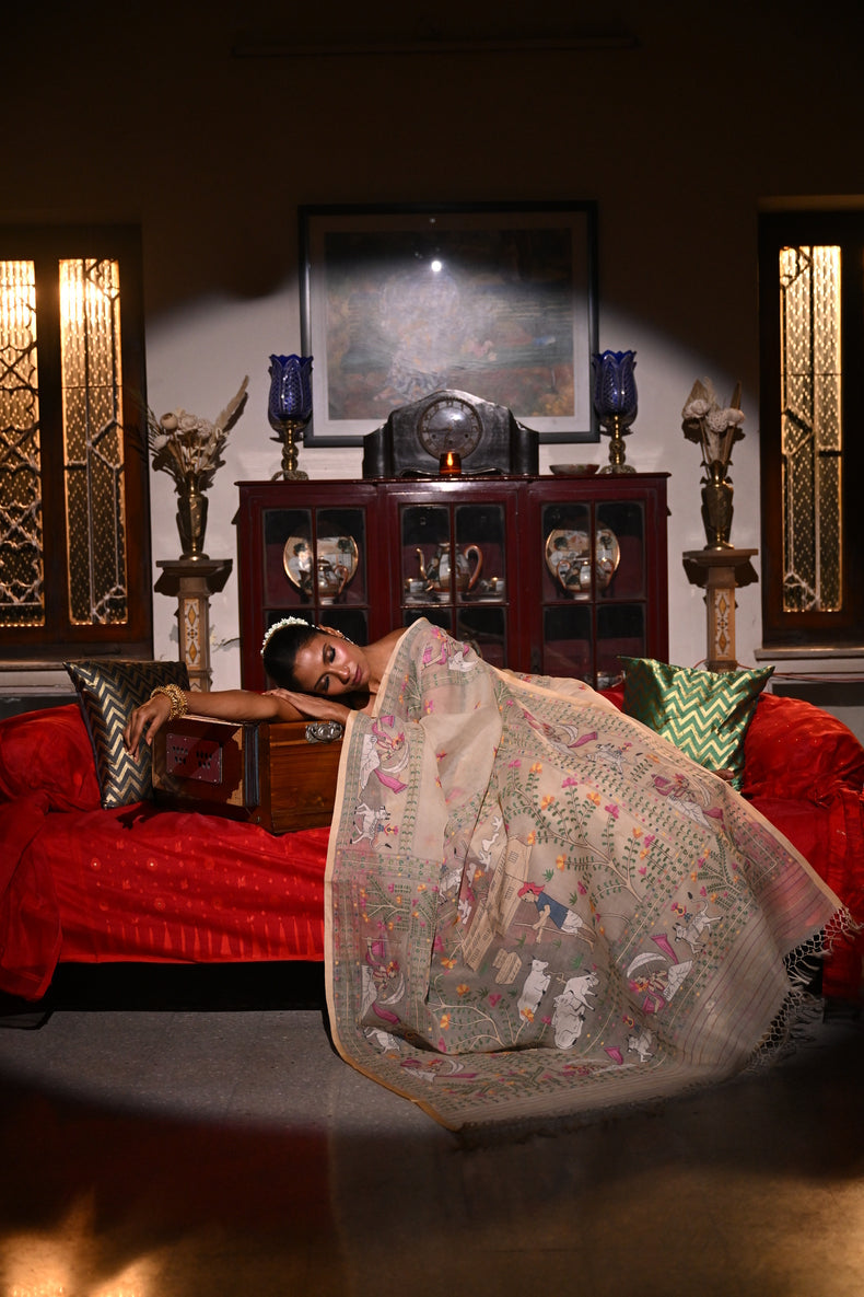 Off-White  Masterwoven Muslin Silk Saree with Bengal Village Storytelling Aanchal Balaram Saha