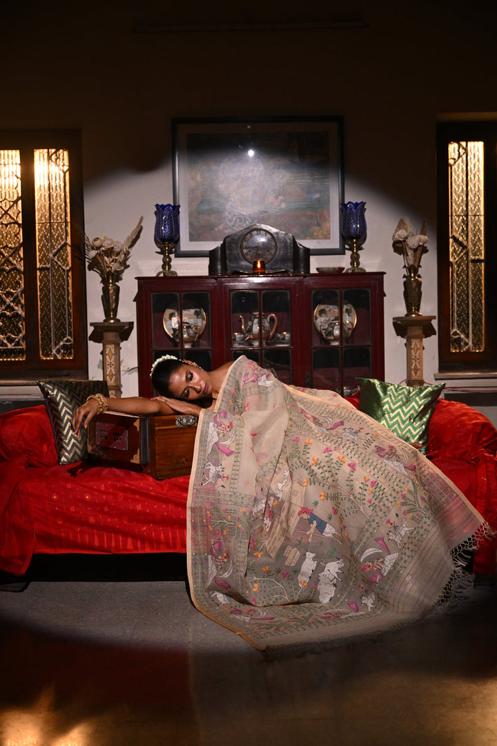 Off-White  Masterwoven Muslin Silk Saree with Bengal Village Storytelling Aanchal Balaram Saha